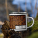 Right View Custom Elk City Oklahoma Map Enamel Mug in Ember on Grass With Trees in Background