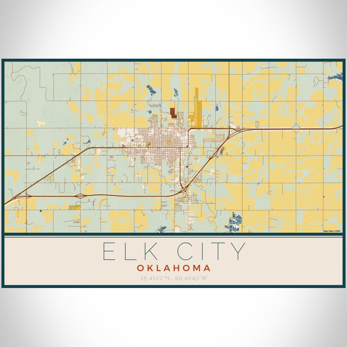Elk City Oklahoma Map Print Landscape Orientation in Woodblock Style With Shaded Background