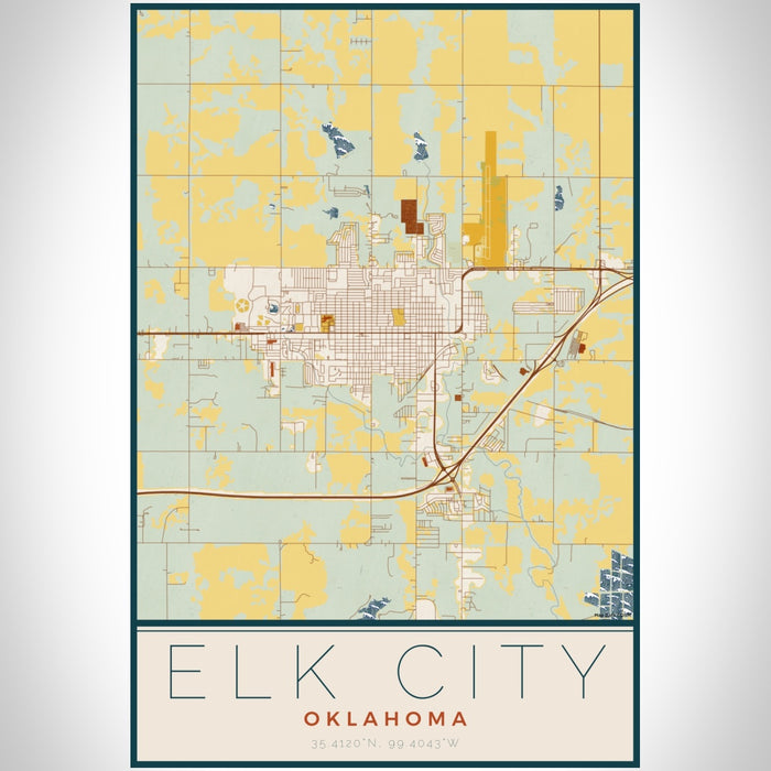 Elk City Oklahoma Map Print Portrait Orientation in Woodblock Style With Shaded Background