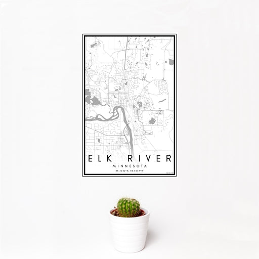 12x18 Elk River Minnesota Map Print Portrait Orientation in Classic Style With Small Cactus Plant in White Planter