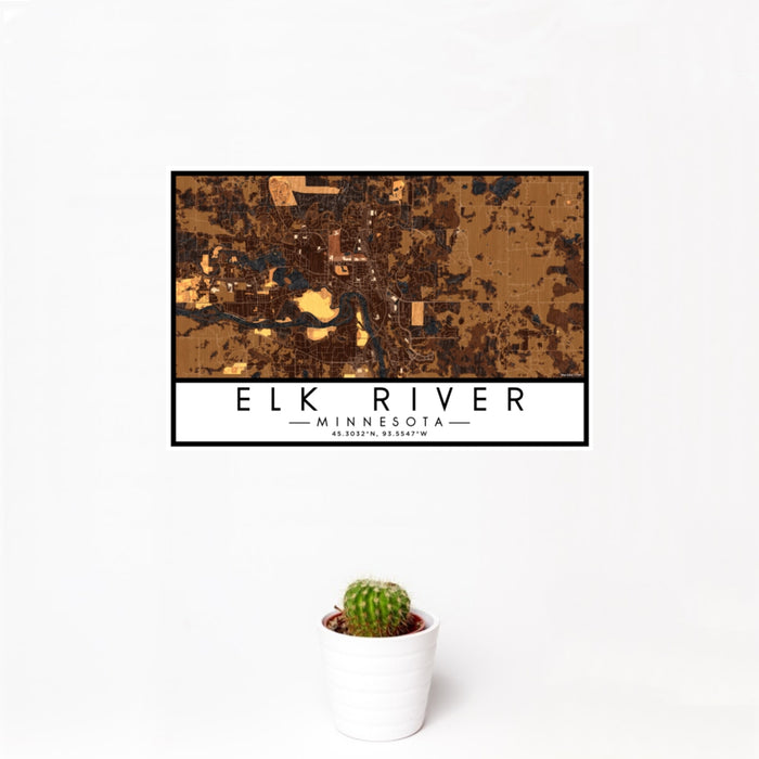 12x18 Elk River Minnesota Map Print Landscape Orientation in Ember Style With Small Cactus Plant in White Planter