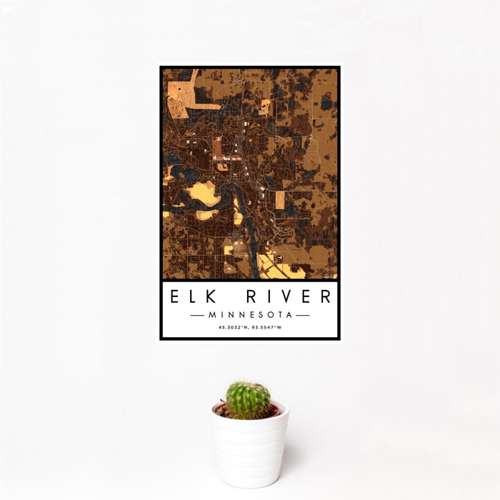 12x18 Elk River Minnesota Map Print Portrait Orientation in Ember Style With Small Cactus Plant in White Planter