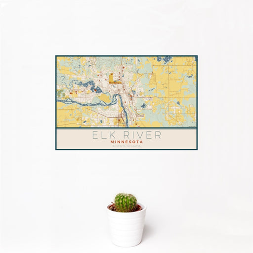 12x18 Elk River Minnesota Map Print Landscape Orientation in Woodblock Style With Small Cactus Plant in White Planter
