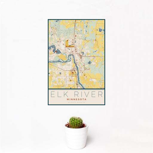 12x18 Elk River Minnesota Map Print Portrait Orientation in Woodblock Style With Small Cactus Plant in White Planter