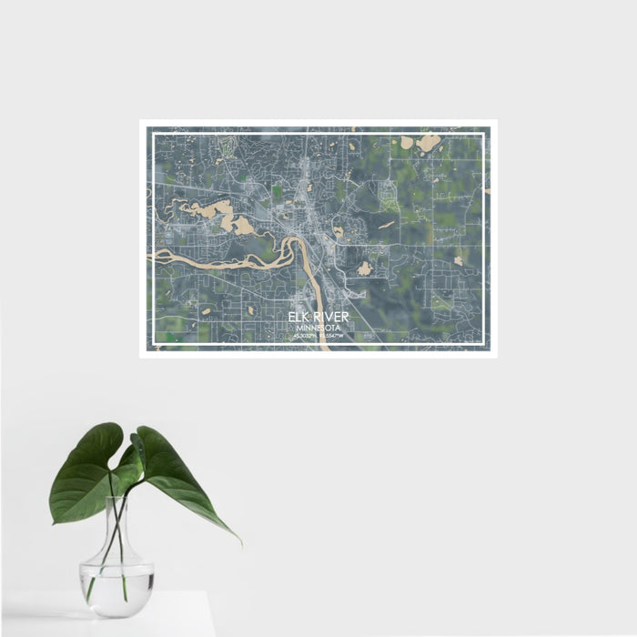 16x24 Elk River Minnesota Map Print Landscape Orientation in Afternoon Style With Tropical Plant Leaves in Water