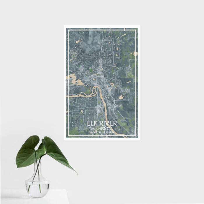 16x24 Elk River Minnesota Map Print Portrait Orientation in Afternoon Style With Tropical Plant Leaves in Water