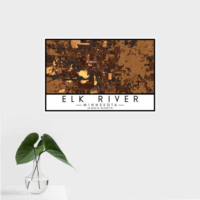 16x24 Elk River Minnesota Map Print Landscape Orientation in Ember Style With Tropical Plant Leaves in Water