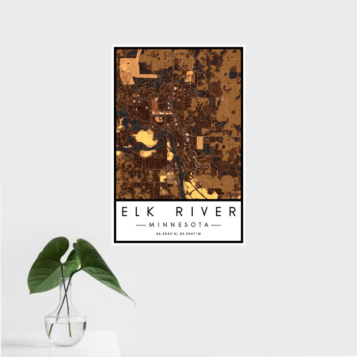 16x24 Elk River Minnesota Map Print Portrait Orientation in Ember Style With Tropical Plant Leaves in Water
