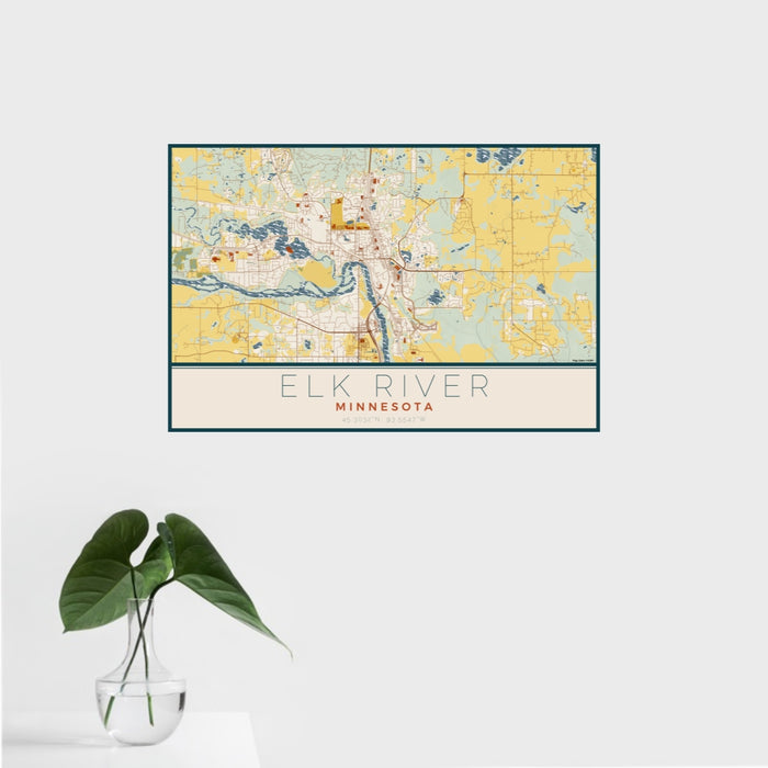 16x24 Elk River Minnesota Map Print Landscape Orientation in Woodblock Style With Tropical Plant Leaves in Water