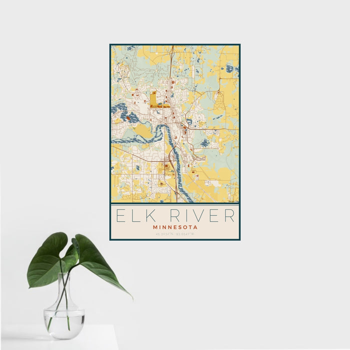 16x24 Elk River Minnesota Map Print Portrait Orientation in Woodblock Style With Tropical Plant Leaves in Water