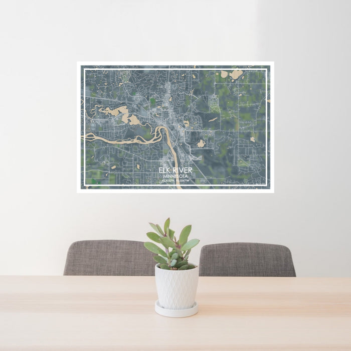 24x36 Elk River Minnesota Map Print Lanscape Orientation in Afternoon Style Behind 2 Chairs Table and Potted Plant