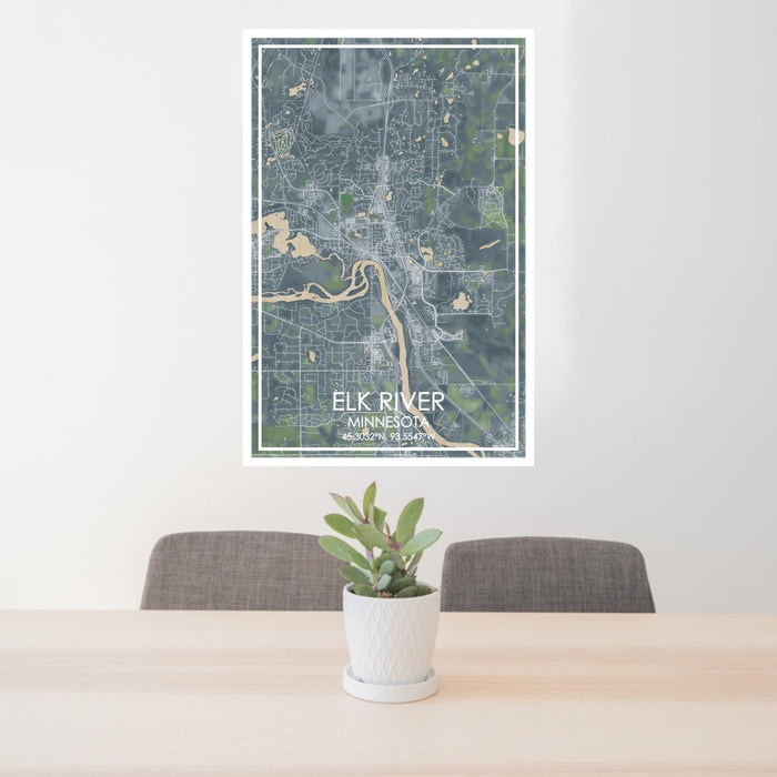 24x36 Elk River Minnesota Map Print Portrait Orientation in Afternoon Style Behind 2 Chairs Table and Potted Plant