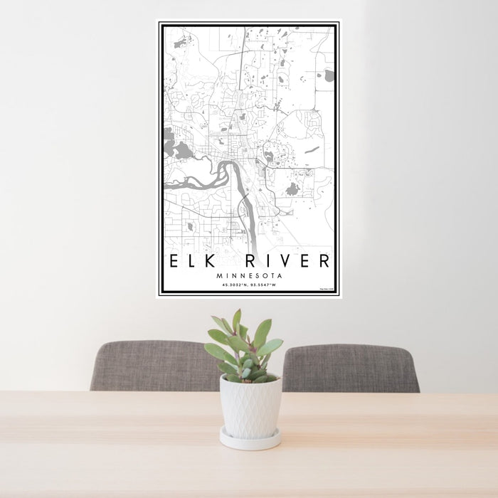 24x36 Elk River Minnesota Map Print Portrait Orientation in Classic Style Behind 2 Chairs Table and Potted Plant