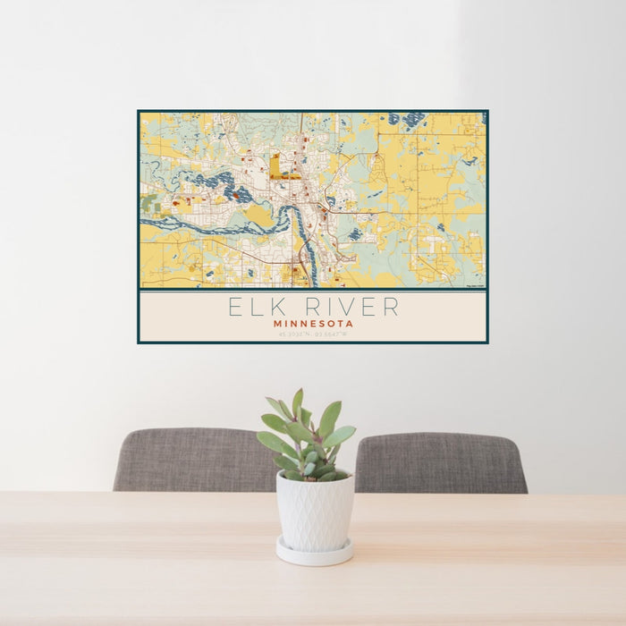 24x36 Elk River Minnesota Map Print Lanscape Orientation in Woodblock Style Behind 2 Chairs Table and Potted Plant
