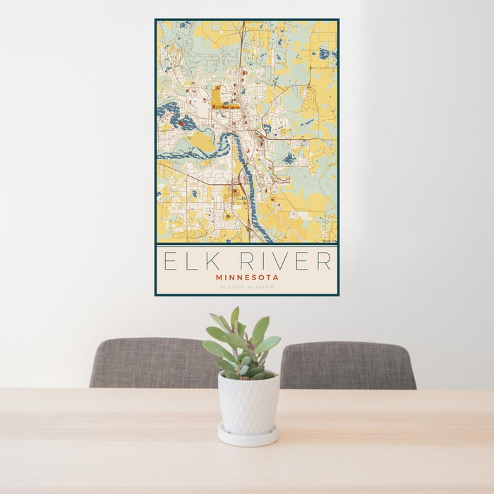 24x36 Elk River Minnesota Map Print Portrait Orientation in Woodblock Style Behind 2 Chairs Table and Potted Plant