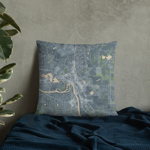 Custom Elk River Minnesota Map Throw Pillow in Afternoon on Bedding Against Wall