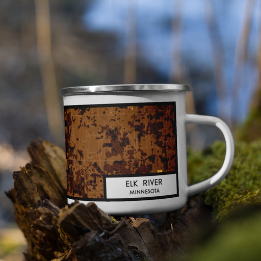 Right View Custom Elk River Minnesota Map Enamel Mug in Ember on Grass With Trees in Background