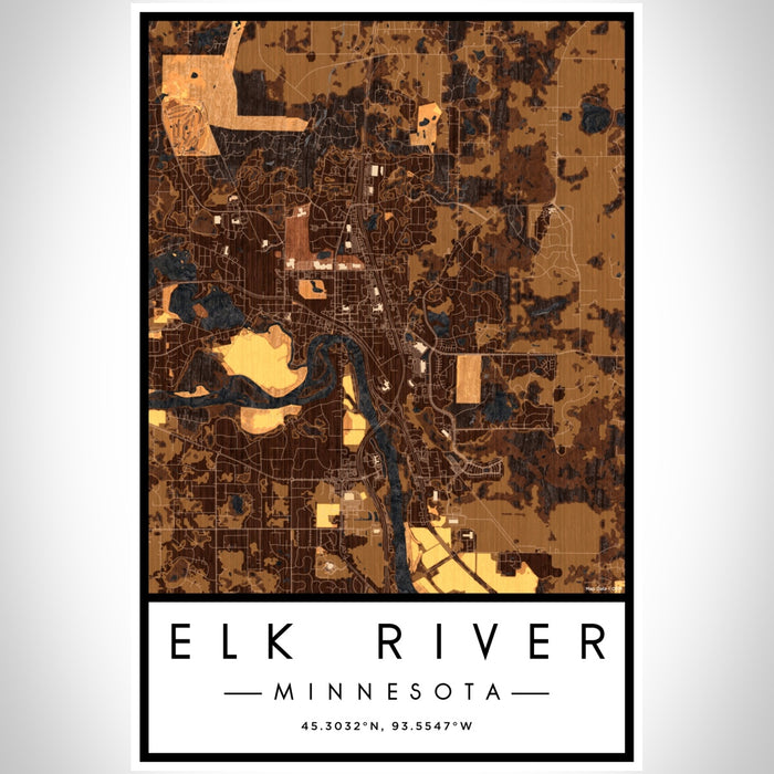 Elk River Minnesota Map Print Portrait Orientation in Ember Style With Shaded Background
