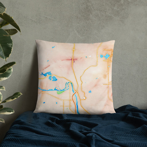 Custom Elk River Minnesota Map Throw Pillow in Watercolor on Bedding Against Wall