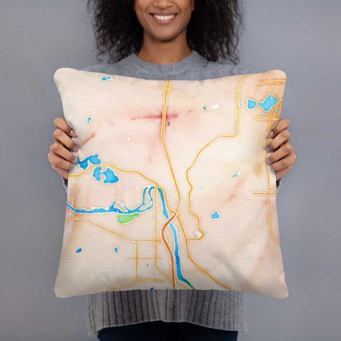 Person holding 18x18 Custom Elk River Minnesota Map Throw Pillow in Watercolor