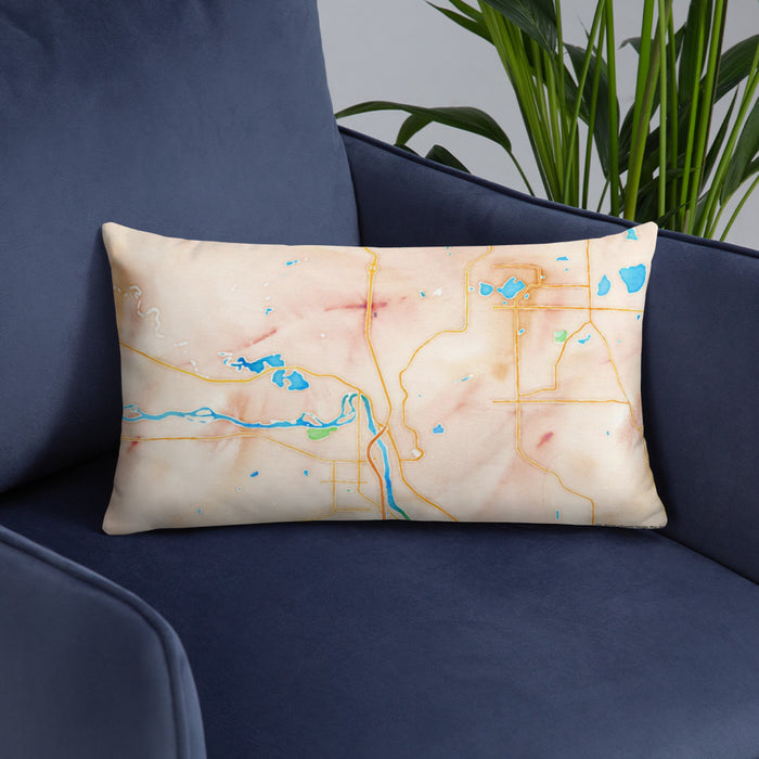 Custom Elk River Minnesota Map Throw Pillow in Watercolor on Blue Colored Chair
