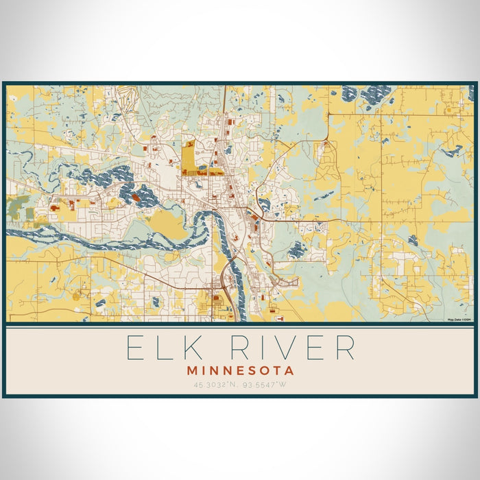 Elk River Minnesota Map Print Landscape Orientation in Woodblock Style With Shaded Background