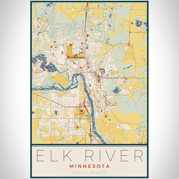 Elk River Minnesota Map Print Portrait Orientation in Woodblock Style With Shaded Background