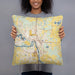 Person holding 18x18 Custom Elk River Minnesota Map Throw Pillow in Woodblock