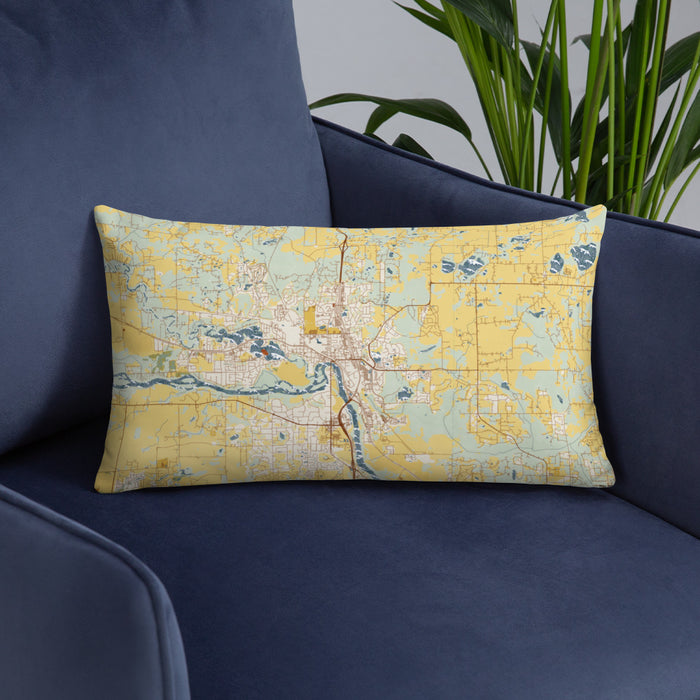 Custom Elk River Minnesota Map Throw Pillow in Woodblock on Blue Colored Chair