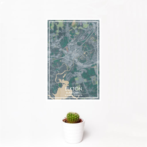 12x18 Elkton Maryland Map Print Portrait Orientation in Afternoon Style With Small Cactus Plant in White Planter