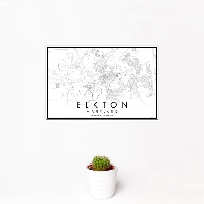 12x18 Elkton Maryland Map Print Landscape Orientation in Classic Style With Small Cactus Plant in White Planter