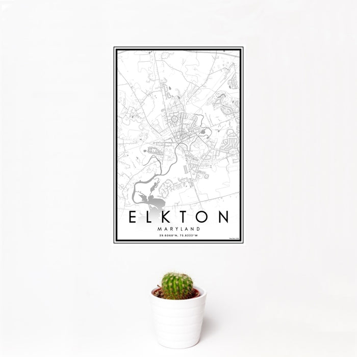12x18 Elkton Maryland Map Print Portrait Orientation in Classic Style With Small Cactus Plant in White Planter