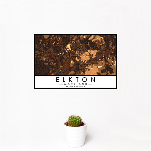 12x18 Elkton Maryland Map Print Landscape Orientation in Ember Style With Small Cactus Plant in White Planter
