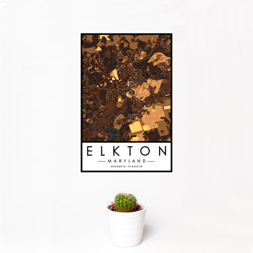 12x18 Elkton Maryland Map Print Portrait Orientation in Ember Style With Small Cactus Plant in White Planter