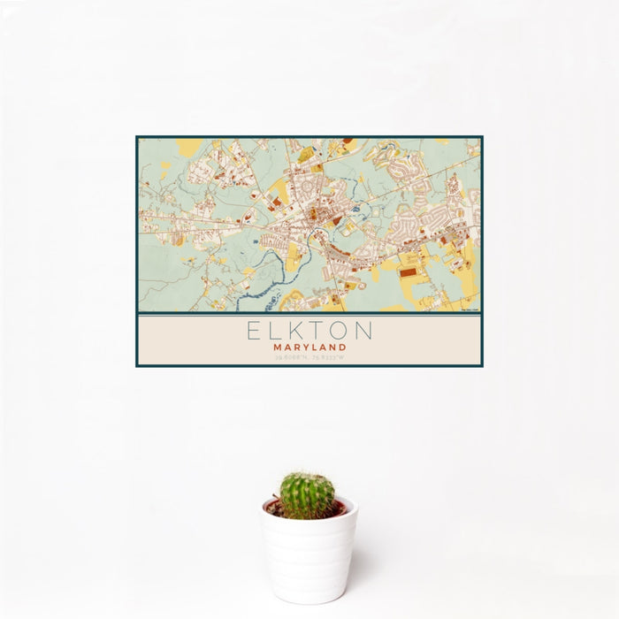 12x18 Elkton Maryland Map Print Landscape Orientation in Woodblock Style With Small Cactus Plant in White Planter