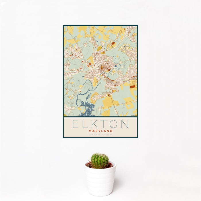 12x18 Elkton Maryland Map Print Portrait Orientation in Woodblock Style With Small Cactus Plant in White Planter