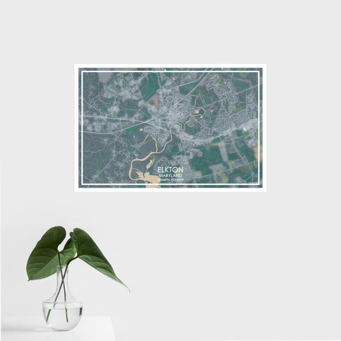 16x24 Elkton Maryland Map Print Landscape Orientation in Afternoon Style With Tropical Plant Leaves in Water