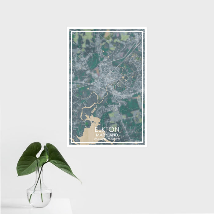 16x24 Elkton Maryland Map Print Portrait Orientation in Afternoon Style With Tropical Plant Leaves in Water