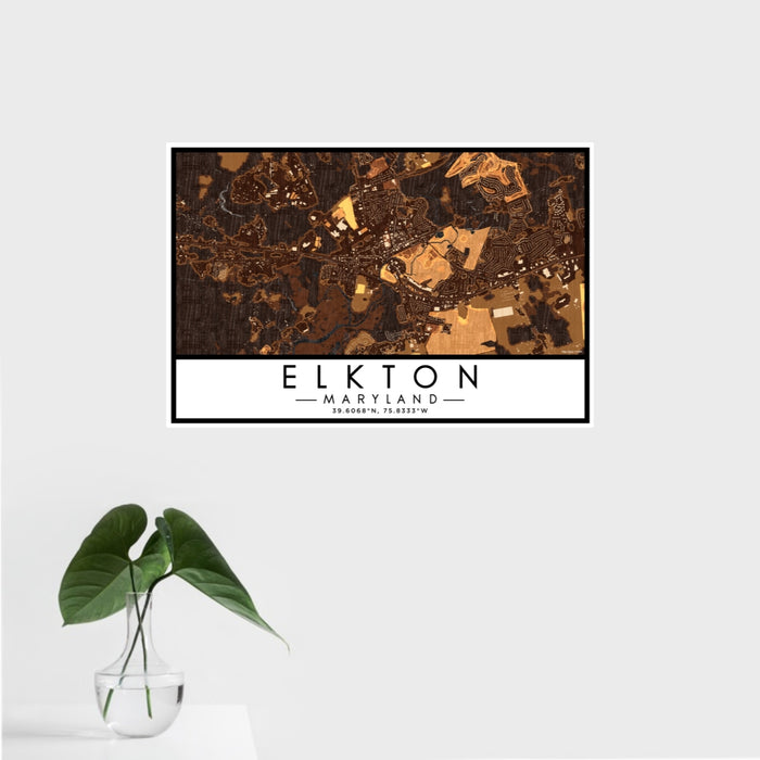 16x24 Elkton Maryland Map Print Landscape Orientation in Ember Style With Tropical Plant Leaves in Water