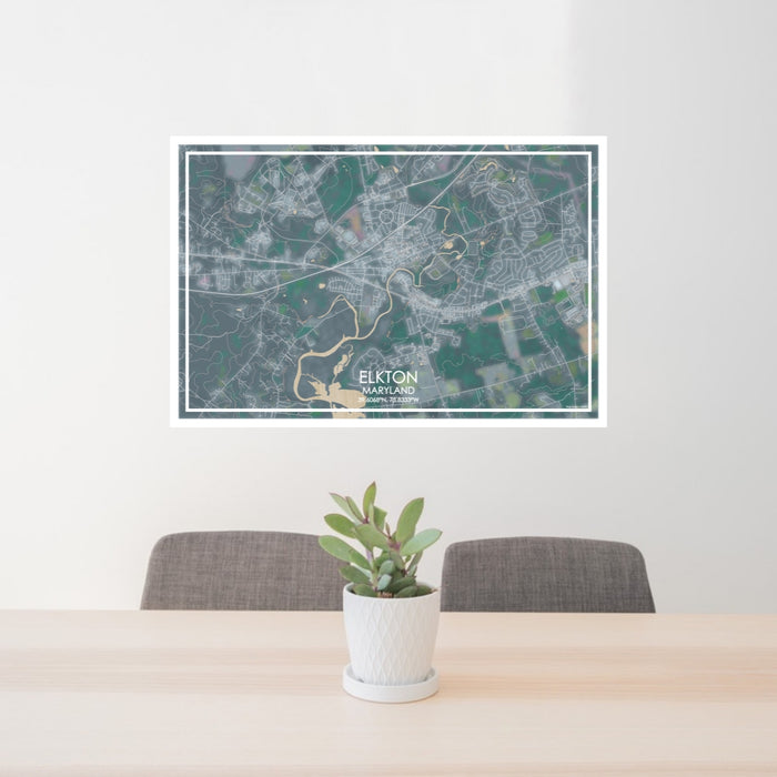 24x36 Elkton Maryland Map Print Lanscape Orientation in Afternoon Style Behind 2 Chairs Table and Potted Plant