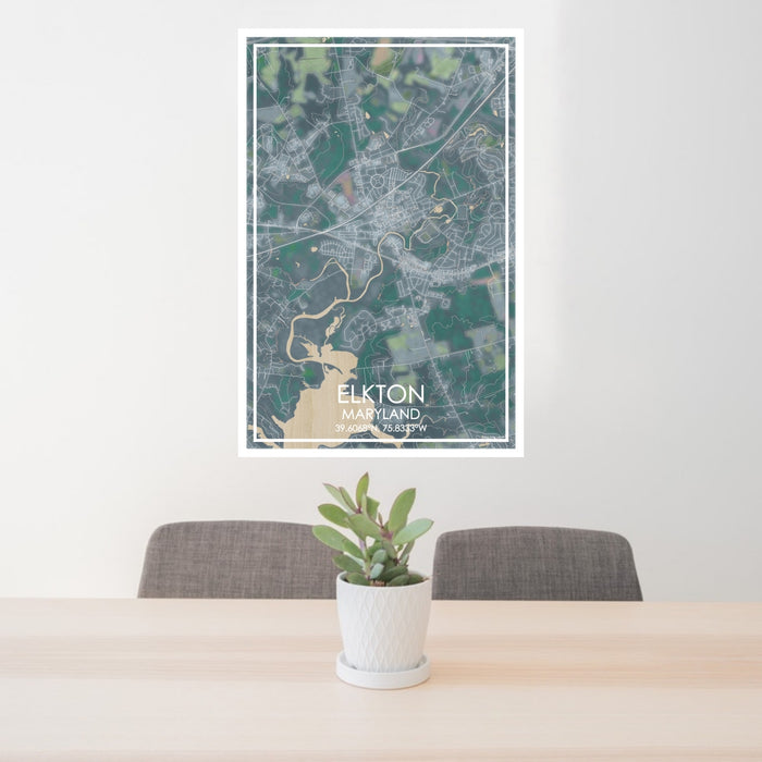 24x36 Elkton Maryland Map Print Portrait Orientation in Afternoon Style Behind 2 Chairs Table and Potted Plant