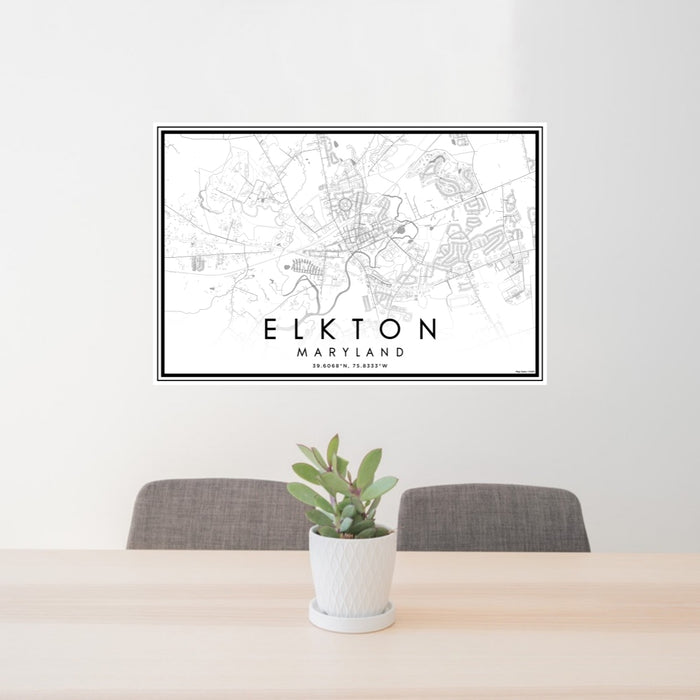 24x36 Elkton Maryland Map Print Lanscape Orientation in Classic Style Behind 2 Chairs Table and Potted Plant