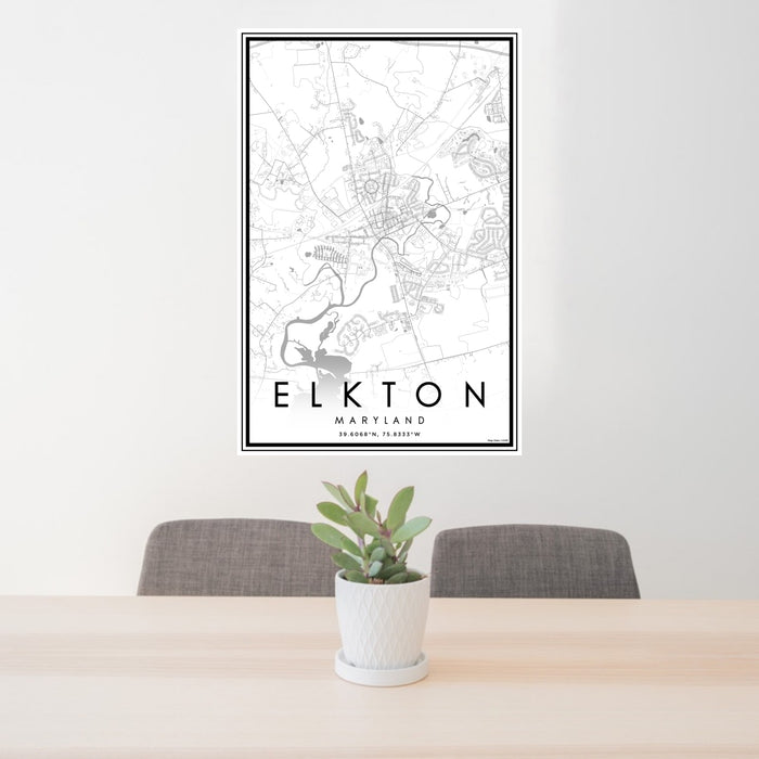 24x36 Elkton Maryland Map Print Portrait Orientation in Classic Style Behind 2 Chairs Table and Potted Plant