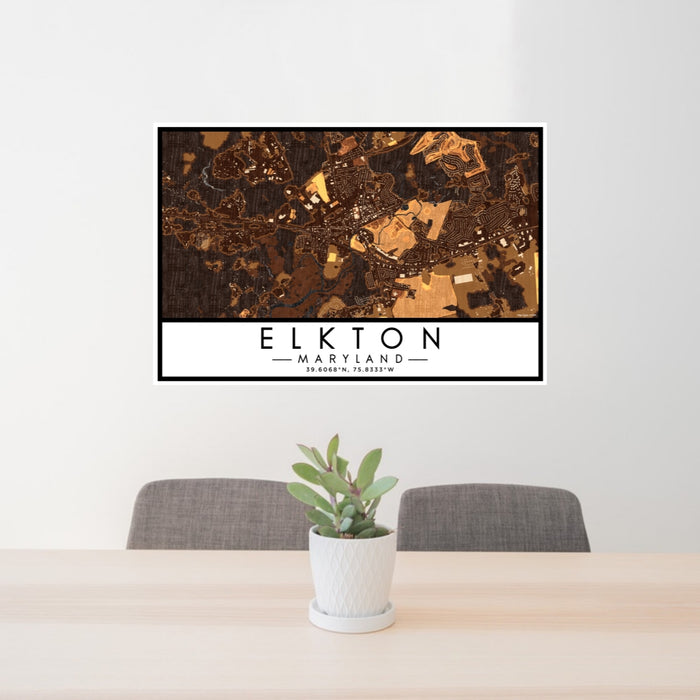 24x36 Elkton Maryland Map Print Lanscape Orientation in Ember Style Behind 2 Chairs Table and Potted Plant
