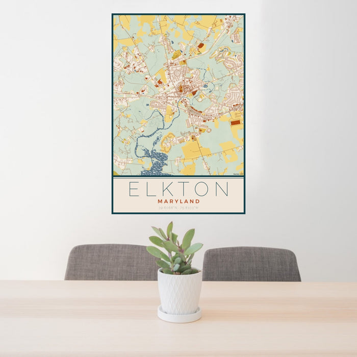 24x36 Elkton Maryland Map Print Portrait Orientation in Woodblock Style Behind 2 Chairs Table and Potted Plant