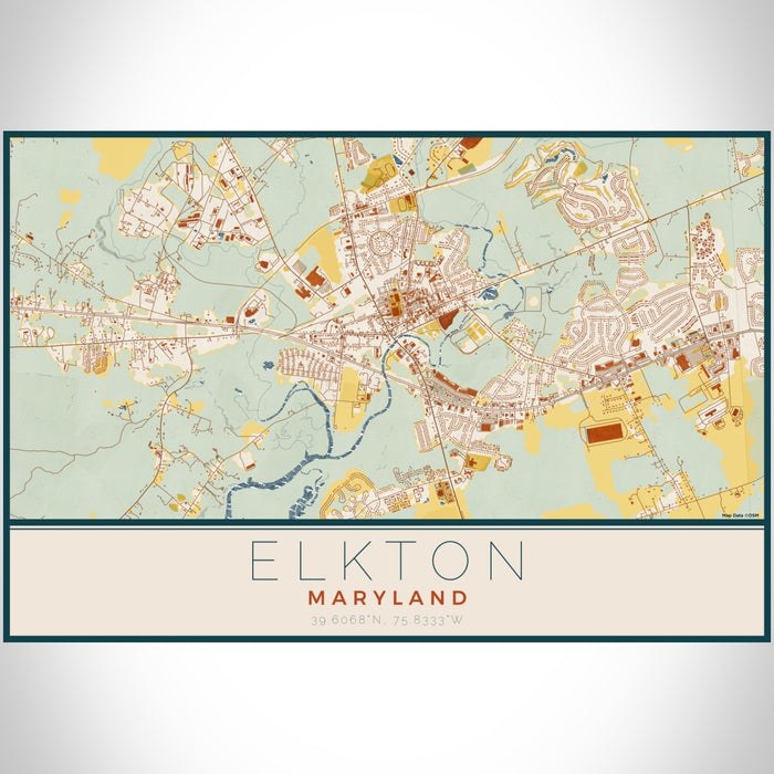 Elkton Maryland Map Print Landscape Orientation in Woodblock Style With Shaded Background