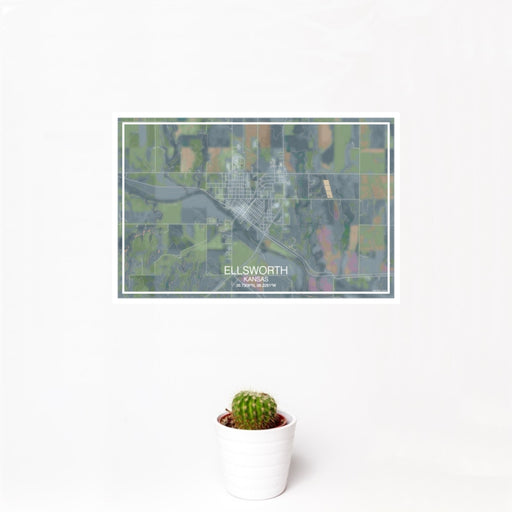 12x18 Ellsworth Kansas Map Print Landscape Orientation in Afternoon Style With Small Cactus Plant in White Planter