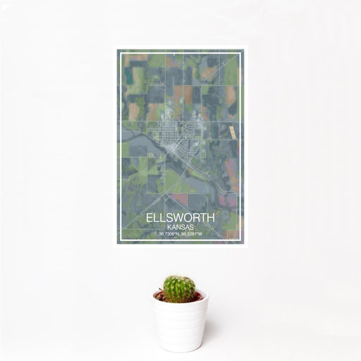 12x18 Ellsworth Kansas Map Print Portrait Orientation in Afternoon Style With Small Cactus Plant in White Planter