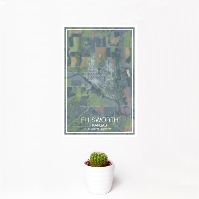 12x18 Ellsworth Kansas Map Print Portrait Orientation in Afternoon Style With Small Cactus Plant in White Planter