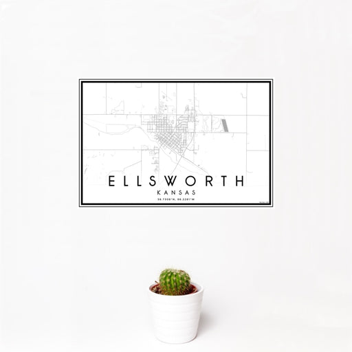 12x18 Ellsworth Kansas Map Print Landscape Orientation in Classic Style With Small Cactus Plant in White Planter